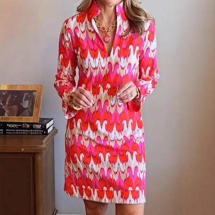 Damen Hemdblusenkleid Modernes Muster Elegante Taillierung