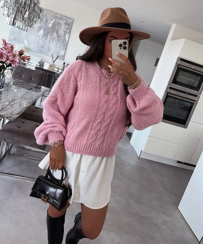 Damen Pullover Grobstrick Voluminöse Ärmel Zopfmuster Beige