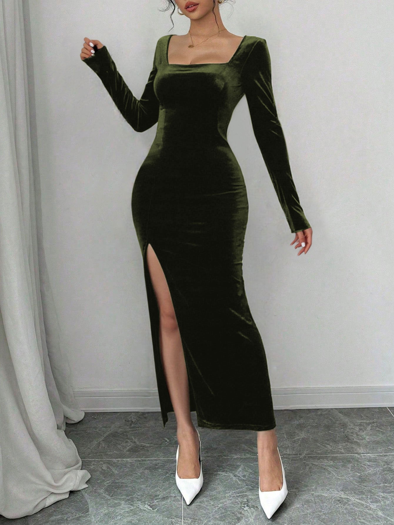 Damen Samt Maxikleid V-Ausschnitt Elegant