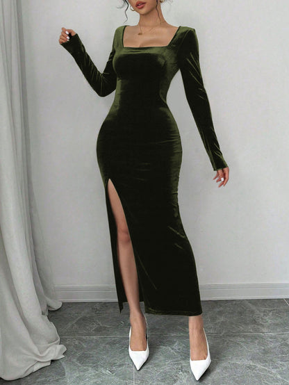 Damen Samt Maxikleid V-Ausschnitt Elegant