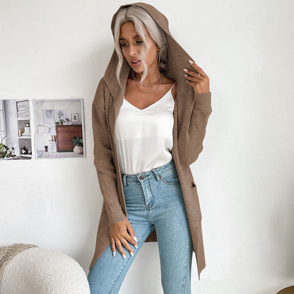 Damen Strickcardigan Offene Front Hochkragen Beige