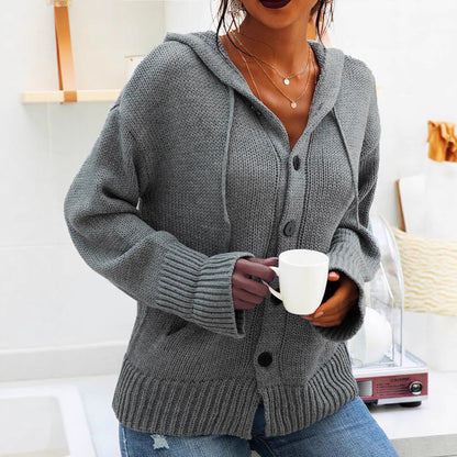 Damen Cardigan Grobstrick Kapuze Knöpfe Beige