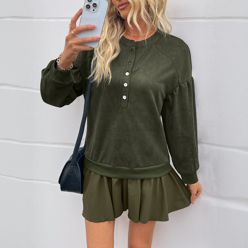 Damen Sweatshirt Knopfleiste Rüschensaum Norvielle - Norvielle