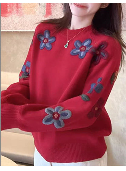 Damen Strickpullover Elegantes Floralmuster Lässiger Schnitt