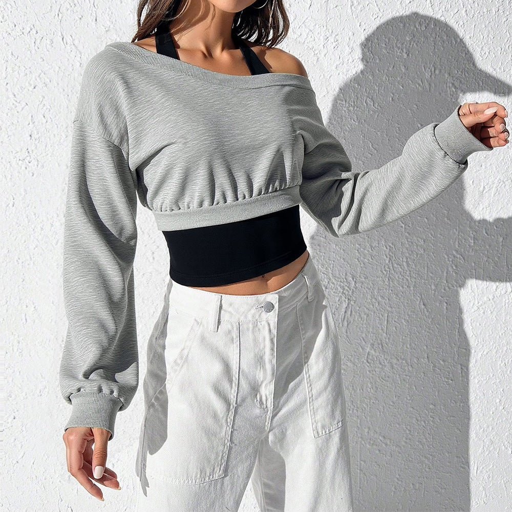 Damen Cropped Sweatshirt Offene Schulter Elastisch Beige - Norvielle