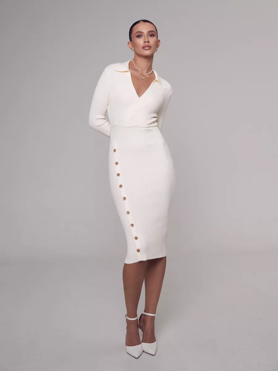Damen Strickkleid mit Knöpfen V-Ausschnitt Norvielle