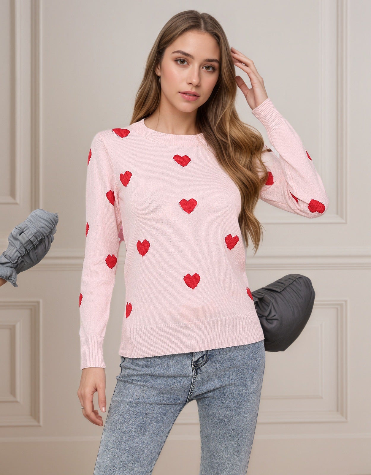 Damen Strickpullover Herz-Design Feinweiß