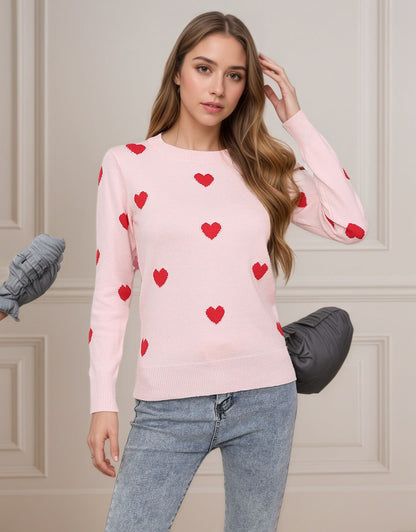 Damen Strickpullover Herz-Design Feinweiß