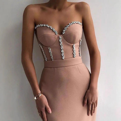 Damen Abendkleid Figurbetonend Bustier Optik Schimmernde Applikationen