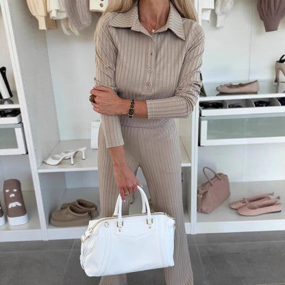 Damen Strickanzug Polo Kragen Elastisch Beige