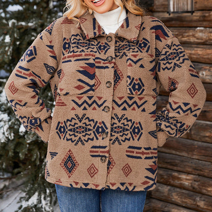 Damen Teddyjacke Oversized Reverskragen geometrisches Muster