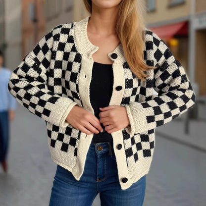Damen Strickjacke Gemustert Große Knöpfe Locker Norvielle