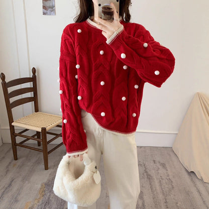 Damen Strickpullover Doppelter Zopf Norvielle Mit Pompons