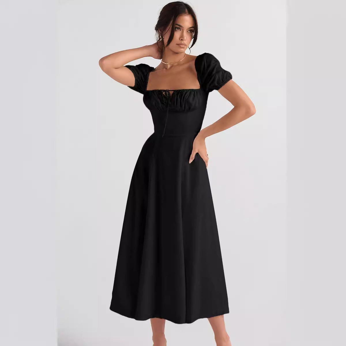 Damen Elegantes Midikleid Puffärmel Raffinierter Ausschnitt Norvielle