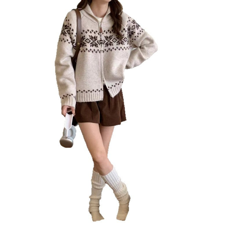 Damen Strickjacke Norweger Muster Zipperdetails Beige
