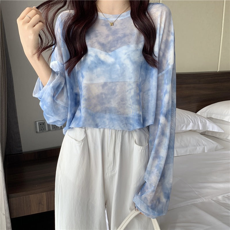 Damen Longsleeve-Oberteil Transparent Tie-Dye-Muster