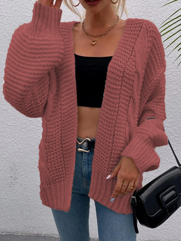 Damen Grobstrick-Cardigan Offene Taschen Lässiger Schnitt Beige