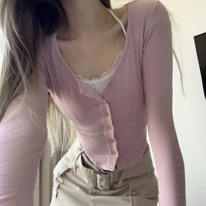 Damen Langarmshirt Cropped mit Knöpfen und Raffitäschchen