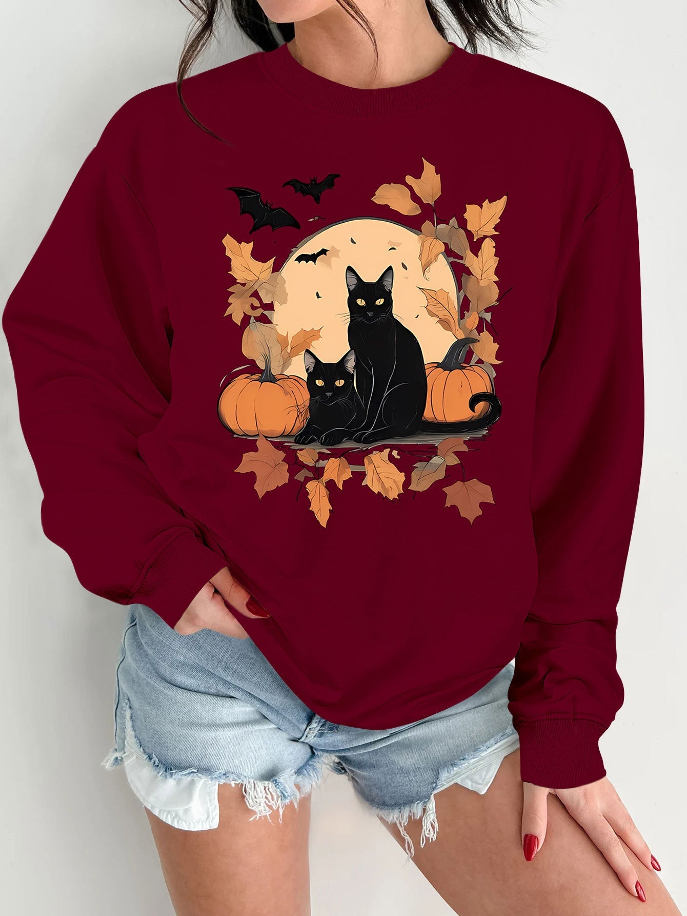 Damen Sweatshirt Herbstlich Katzen Kürbis Design Norvielle