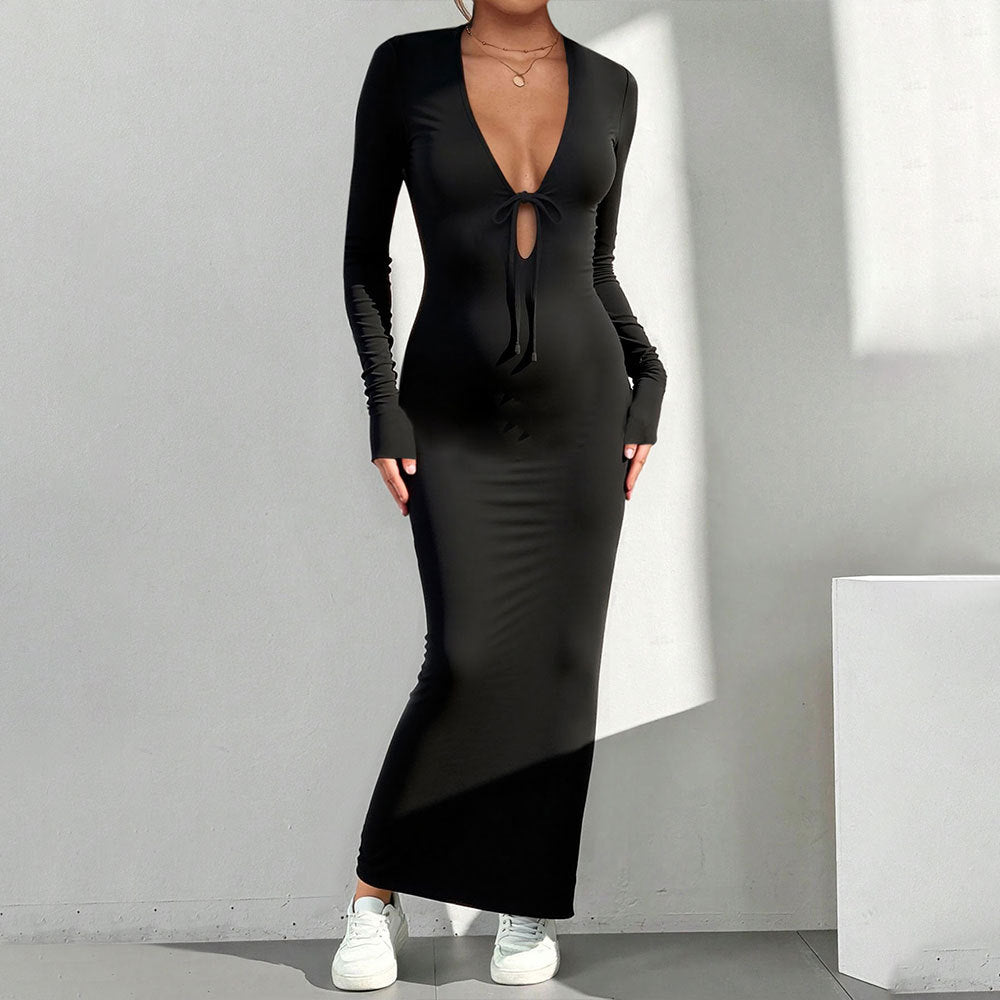 Damen Maxikleid V-Ausschnitt Knotenverschluss Norvielle