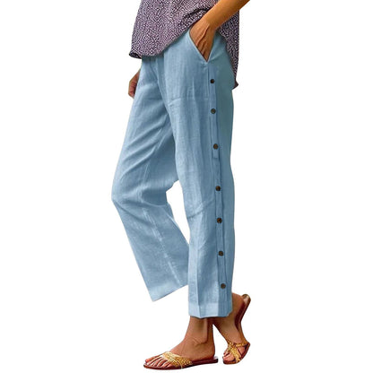 Damen Leinenhose Bequem Mit Knöpfen