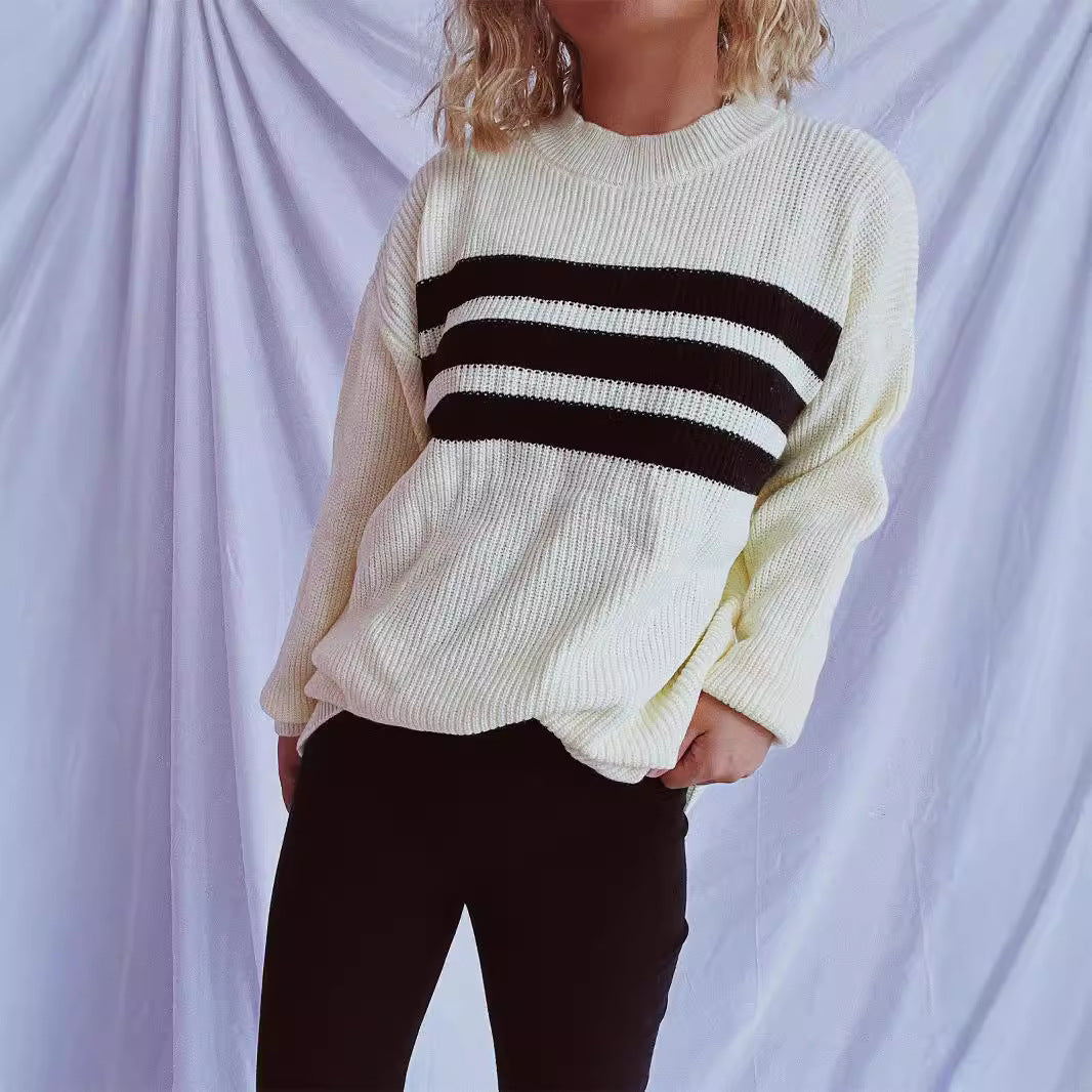 Damen Strickpullover Oversized Horizontale Streifen Beige