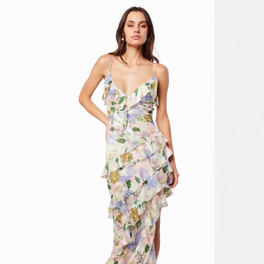 Damen Maxikleid mit Rüschen Floralmuster Tiefem Beinschlitz