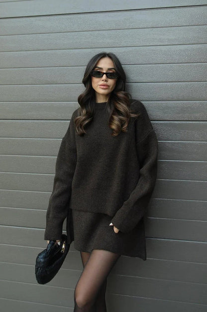 Damen Zweiteiler Strickpullover Rock Elegantes Set