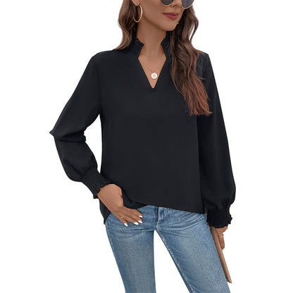 Damen Viskose Bluse mit Puffärmeln und V-Ausschnitt