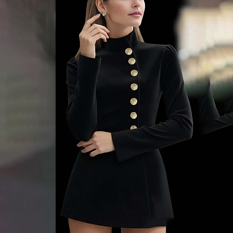 Damen Minikleid Stehkragen Dekorative Knöpfe Norvielle