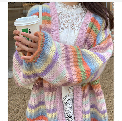 Damen Strickcardigan Bunt Streifenmuster Weite Ärmel