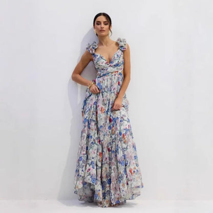 Damen Maxikleid Floralmuster Rüschen Norvielle