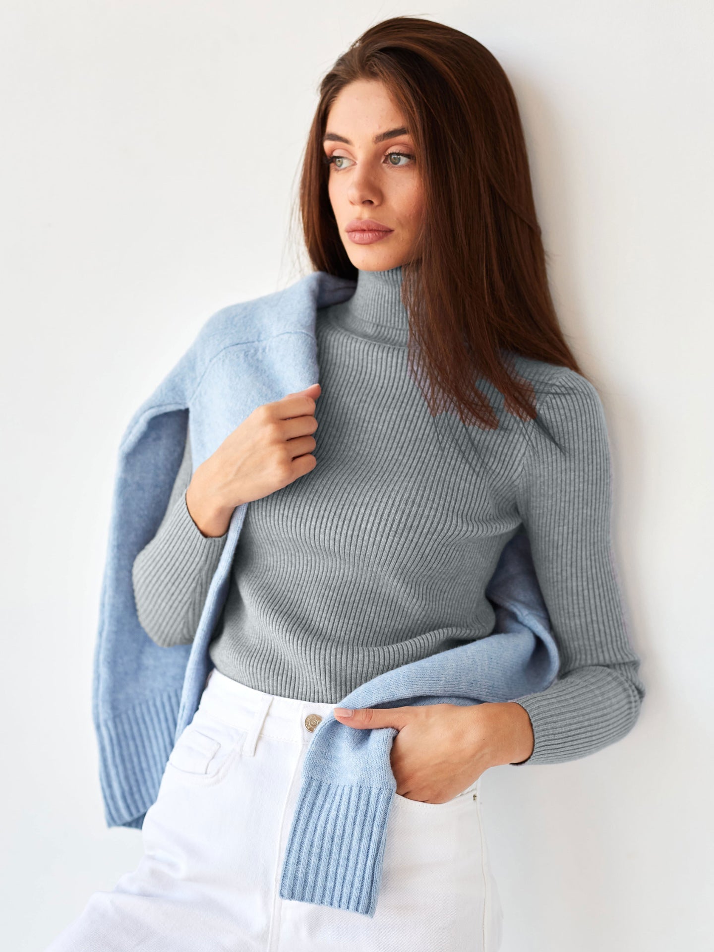 Damen Pullover Lang mit hohem Kragen und Rippenstruktur Norvielle