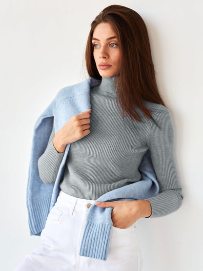 Damen Pullover Lang mit hohem Kragen und Rippenstruktur Norvielle
