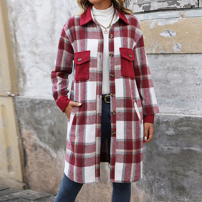 Damen Karierte Langarmjacke Baumwolle Moderne Taschen weiß
