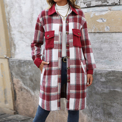 Damen Karierte Langarmjacke Baumwolle Moderne Taschen weiß