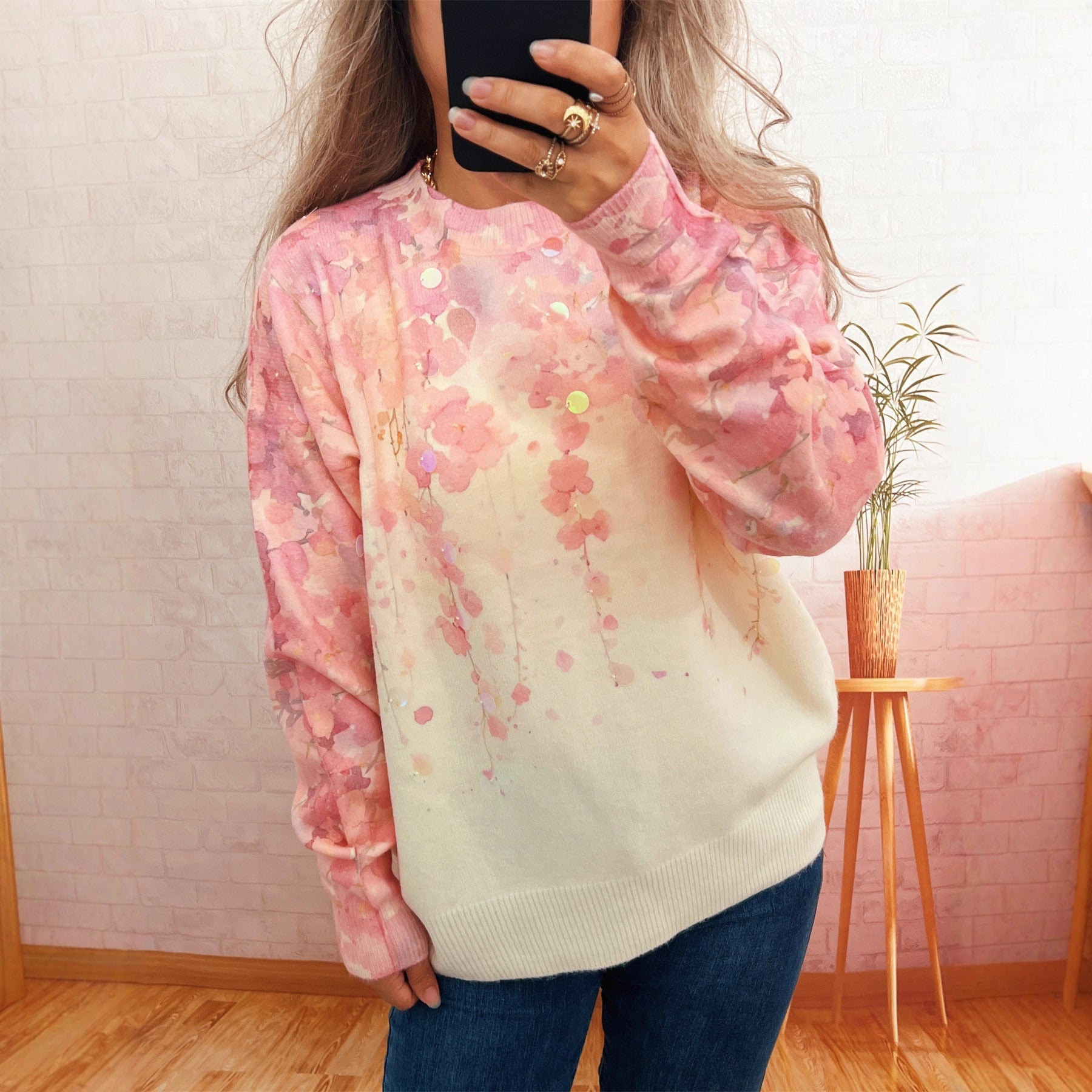 Damen Oversized-Pullover Kuschelfleece Floralmuster Beige - Norvielle