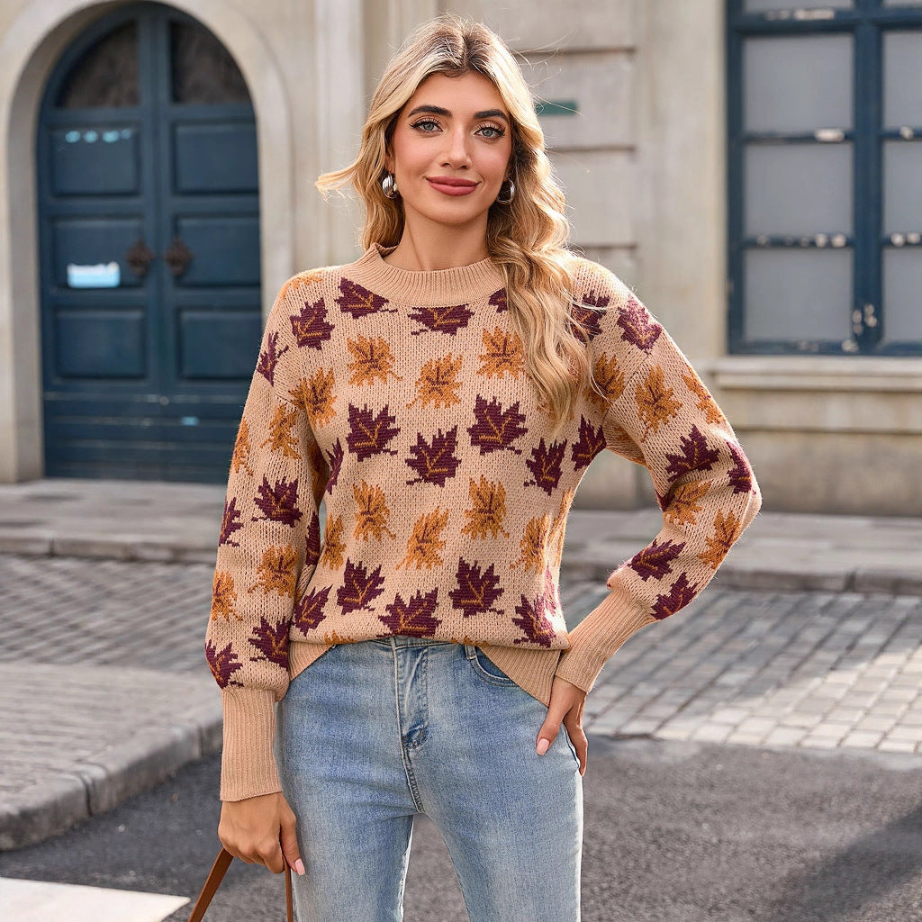 Damen Strickpullover Herbstblätter Design Norvielle