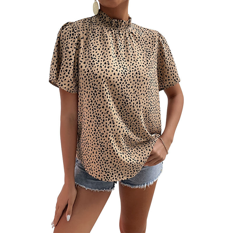 Damen Leopardenbluse Kurzarm Stehkragen