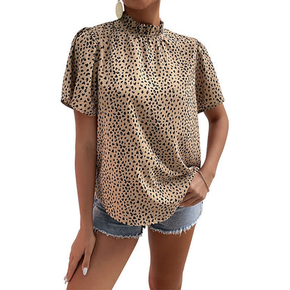 Damen Leopardenbluse Kurzarm Stehkragen