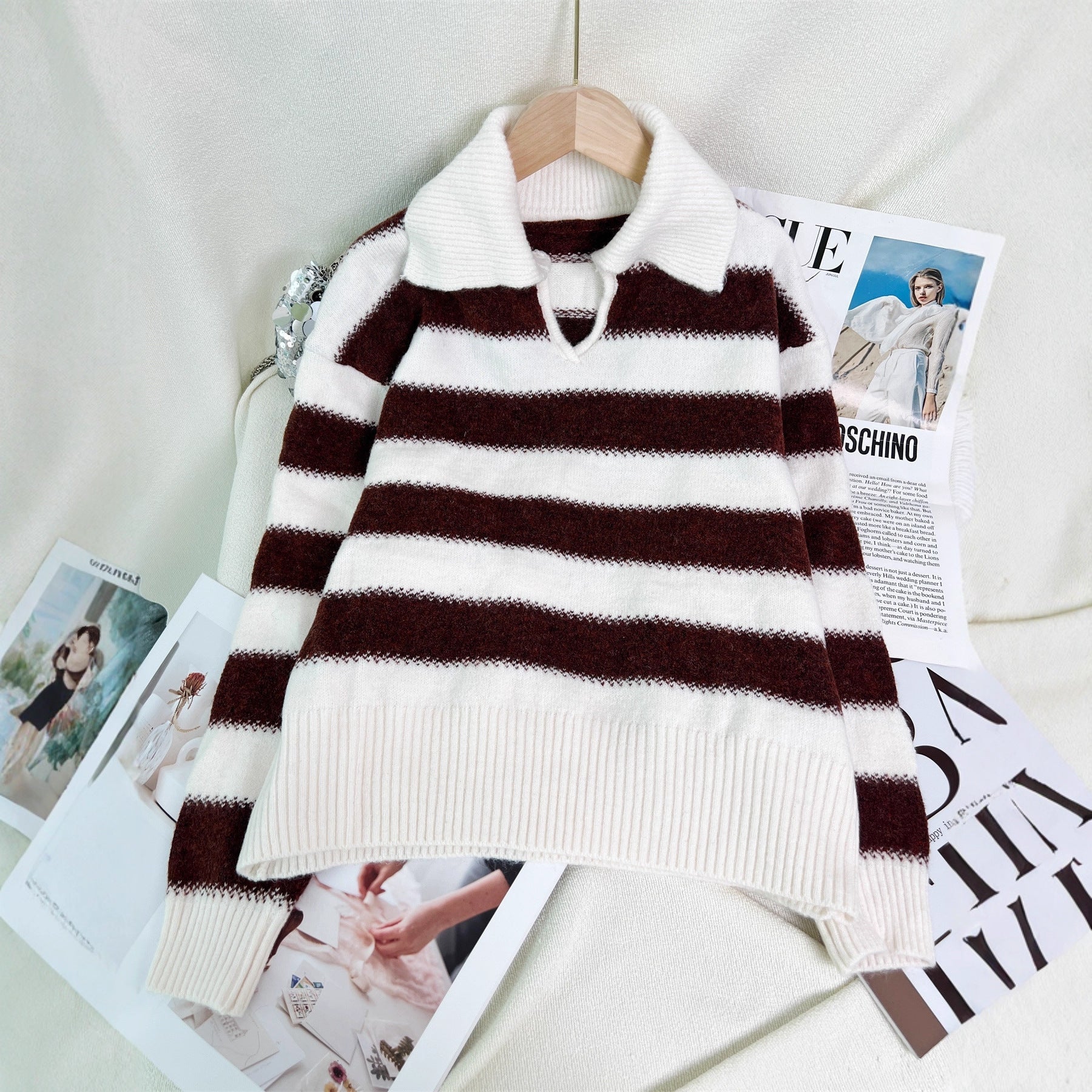 Damen Pullover Gestreift Elastischer Bund Beige - Norvielle