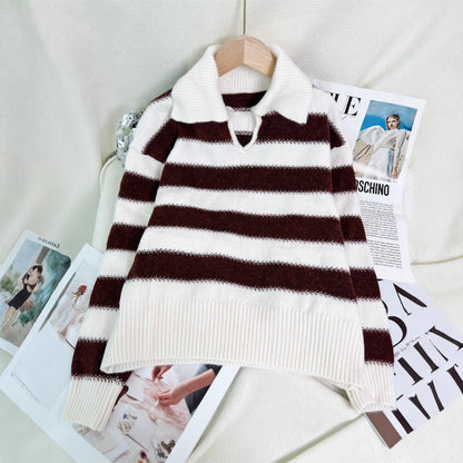 Damen Pullover Gestreift Elastischer Bund Beige - Norvielle