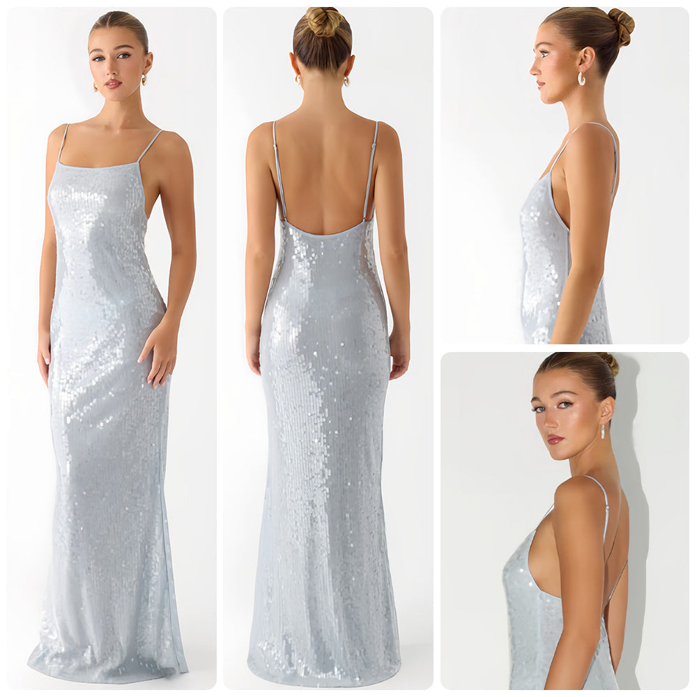Damen Maxikleid Pailletten schmal Schnitt Spaghettiträger Schwarz - Norvielle