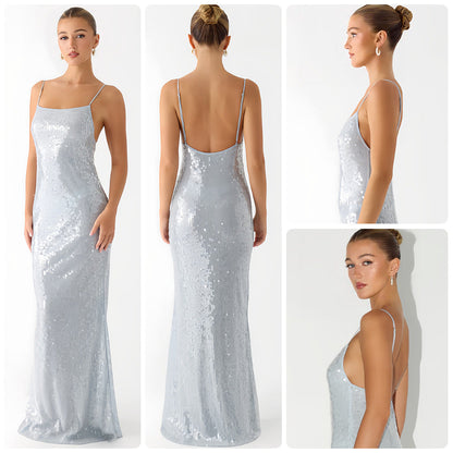 Damen Maxikleid Pailletten schmal Schnitt Spaghettiträger Schwarz - Norvielle
