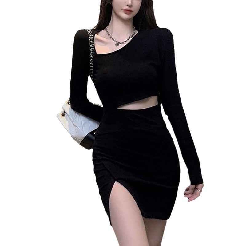 Damen Kleid Asymmetrischer Ausschnitt Seitlicher Schlitz