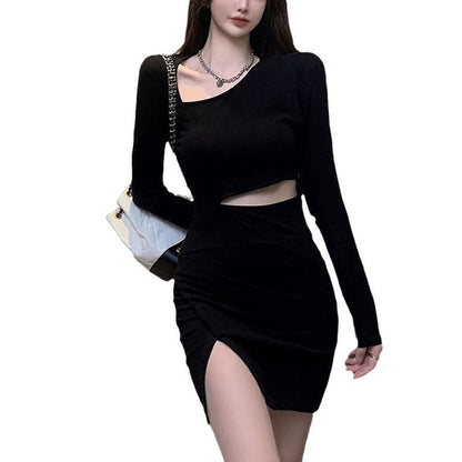 Damen Kleid Asymmetrischer Ausschnitt Seitlicher Schlitz