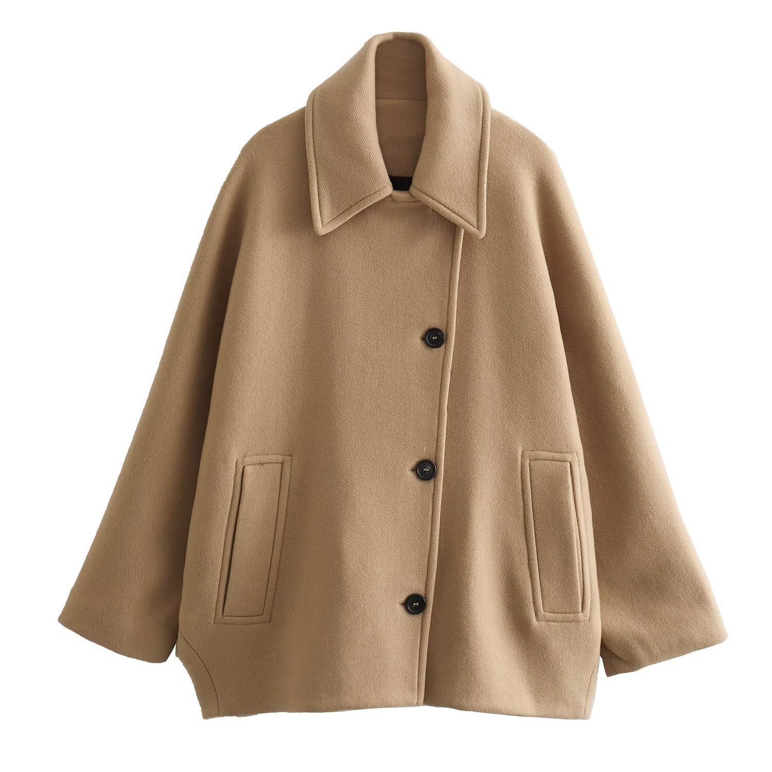 Damen Oversized Mantel Hüftlänge Weiter Revers Schwarz - Norvielle