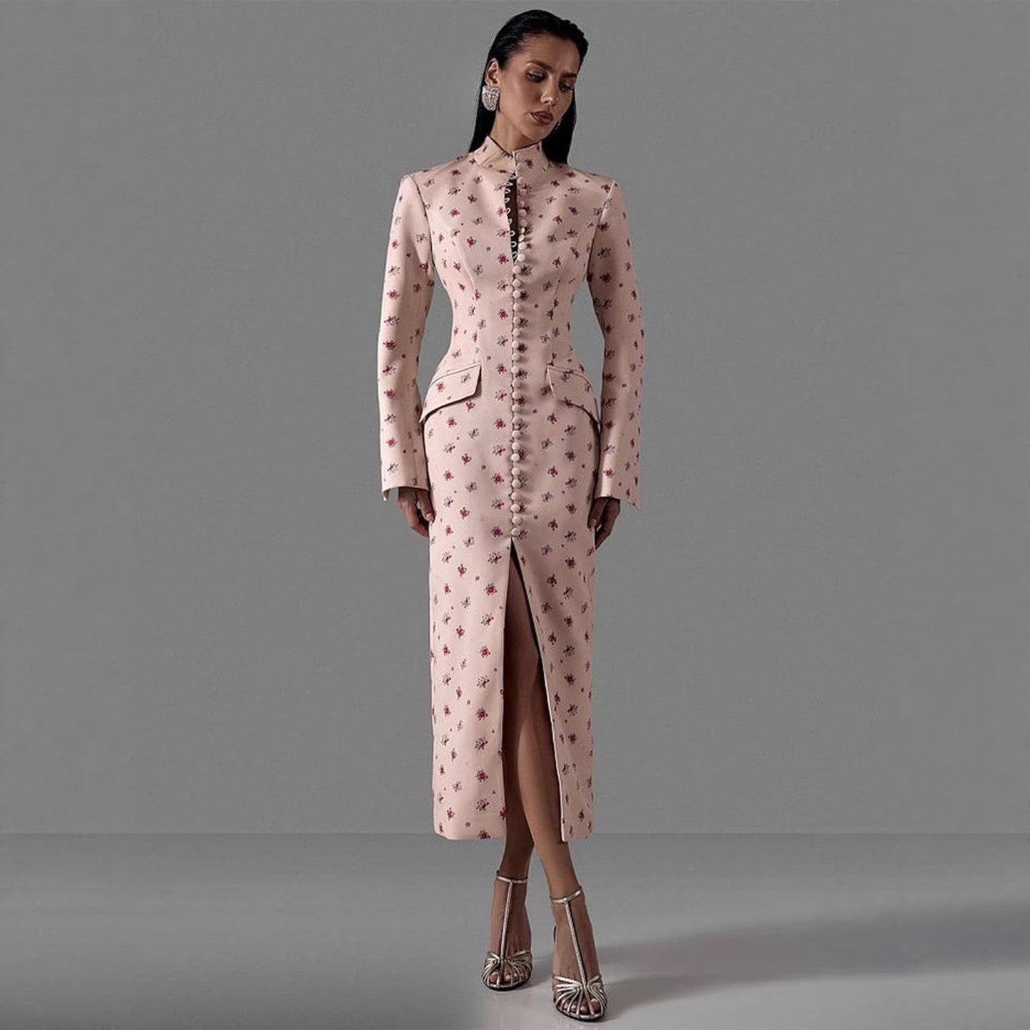 Damen Langarmkleid Floralmuster Hochgeschlossener Kragen Norvielle