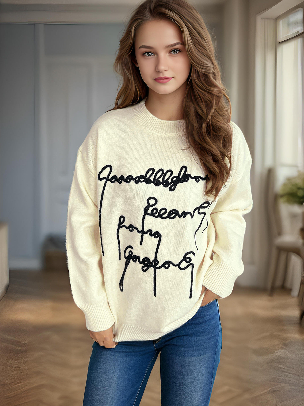 Damen Oversized Pullover mit Schriftzug Norvielle