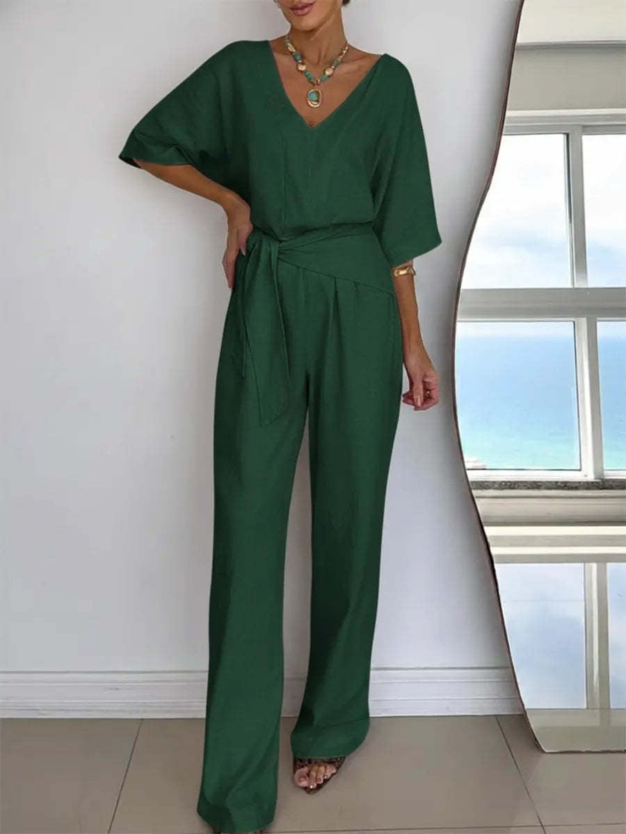 Damen Jumpsuit Tailliert Wickelgürtel Elegant